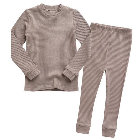 Modal Ribbed Knit Long Sleeve Pajama Set Beige