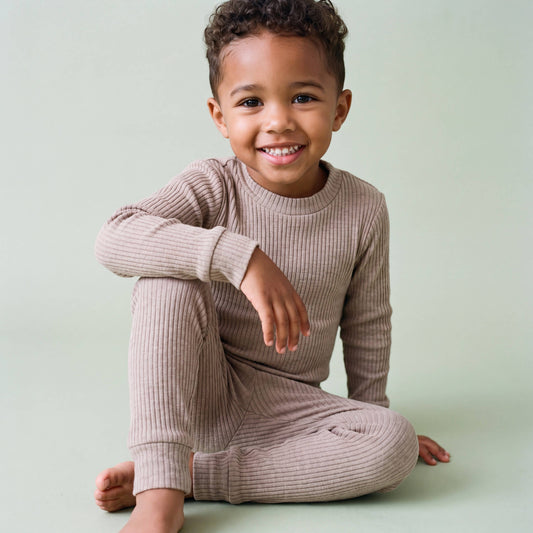 Modal Ribbed Knit Long Sleeve Pajama Set Beige